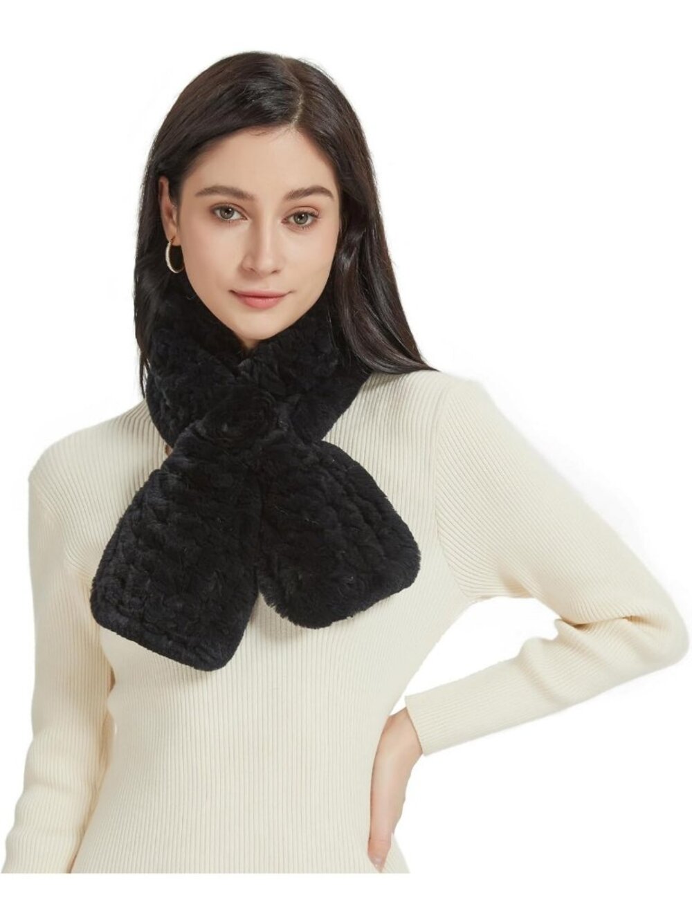 Cozy Women's Rex Rabbit Fur Scarf | Warm Knitted Crochet Floral Winter Accessory